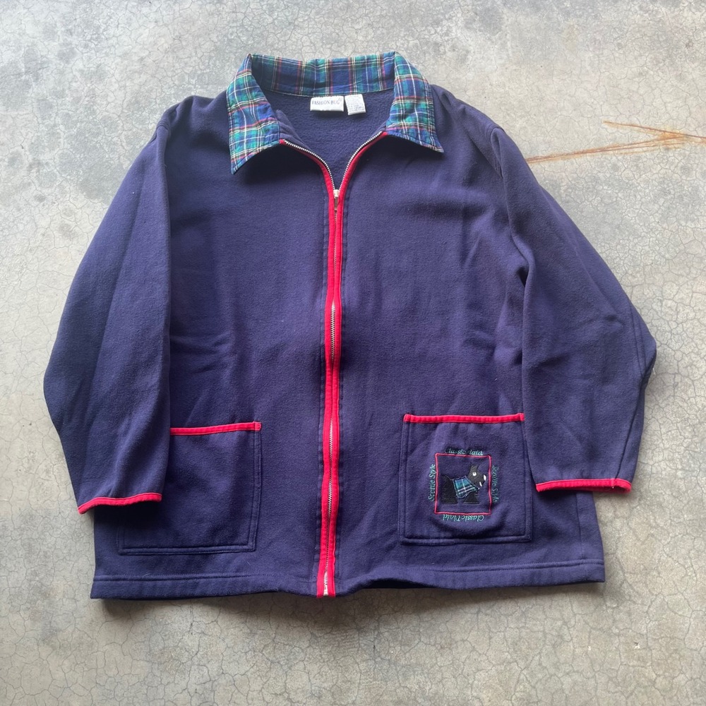 Vintage Fashion Bug Navy Fleece Jacket Scottie Dog Plaid Collar Zip Up Womens